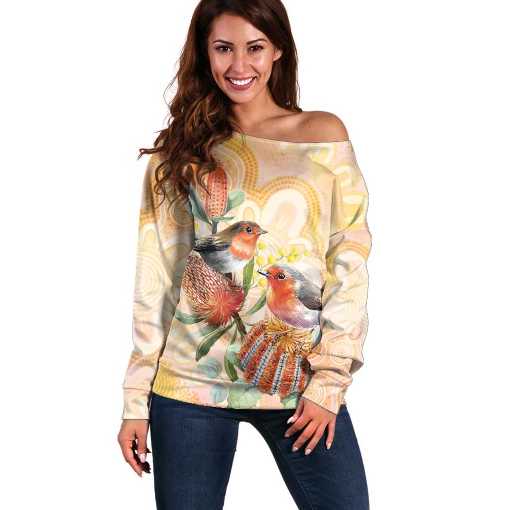Australia Flame Robin Off Shoulder Sweater Petroica Phoenicea Banksia Indigenous Art - Aussie Hoodie