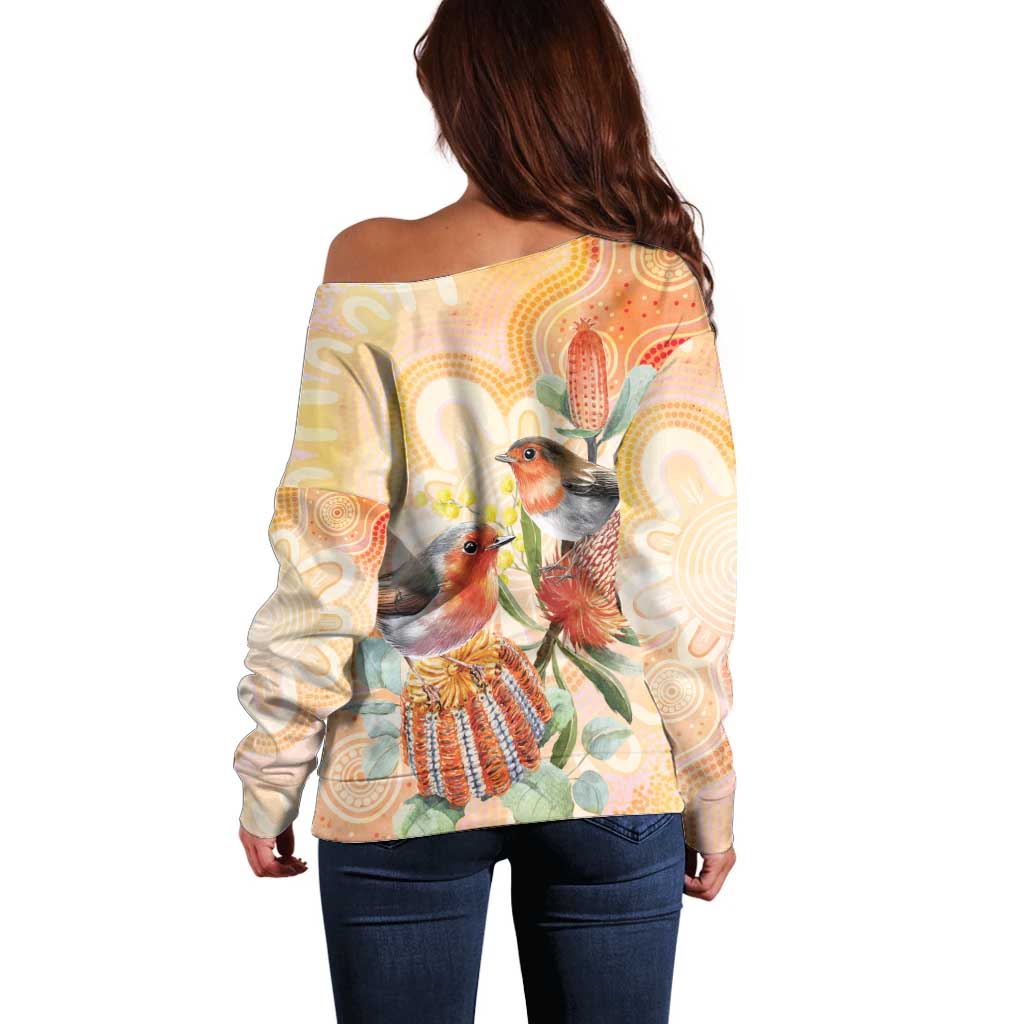 Australia Flame Robin Off Shoulder Sweater Petroica Phoenicea Banksia Indigenous Art - Aussie Hoodie