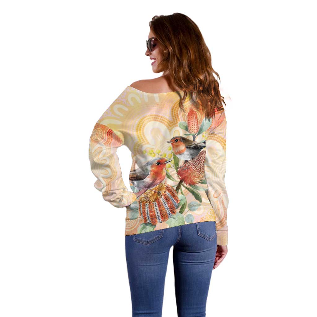 Australia Flame Robin Off Shoulder Sweater Petroica Phoenicea Banksia Indigenous Art - Aussie Hoodie