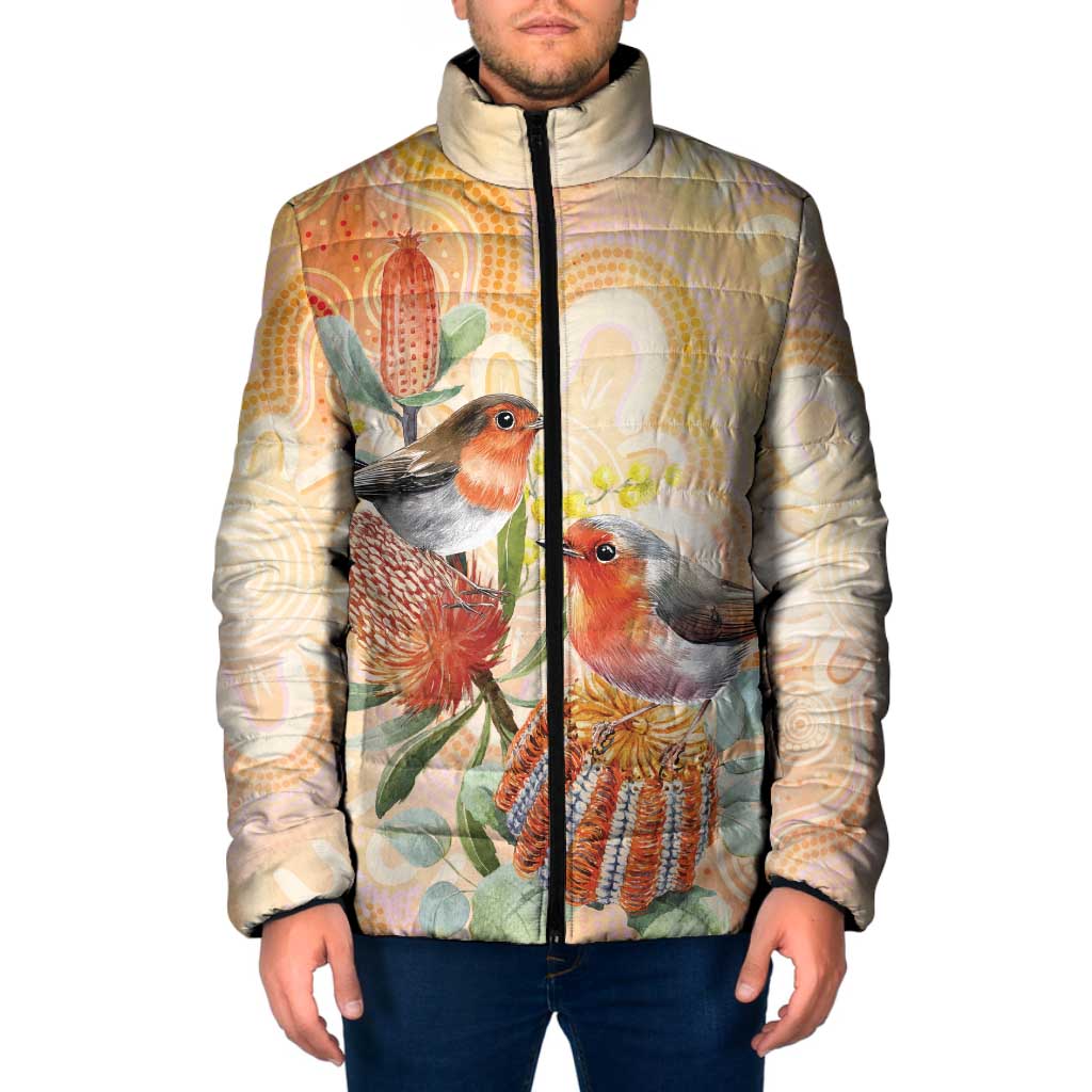 Australia Flame Robin Padded Jacket Petroica Phoenicea Banksia Indigenous Art - Aussie Hoodie