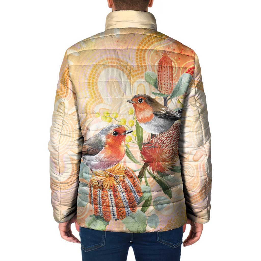 Australia Flame Robin Padded Jacket Petroica Phoenicea Banksia Indigenous Art - Aussie Hoodie