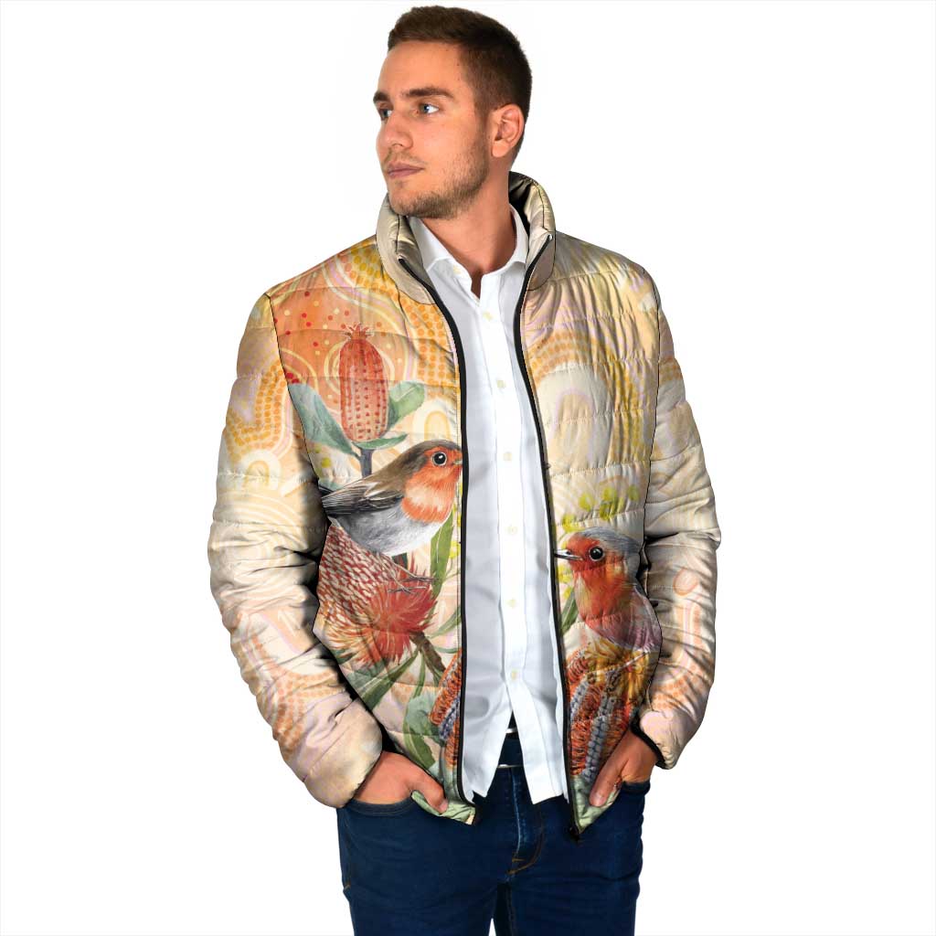 Australia Flame Robin Padded Jacket Petroica Phoenicea Banksia Indigenous Art - Aussie Hoodie
