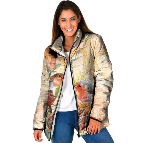 Australia Flame Robin Padded Jacket Petroica Phoenicea Banksia Indigenous Art - Aussie Hoodie