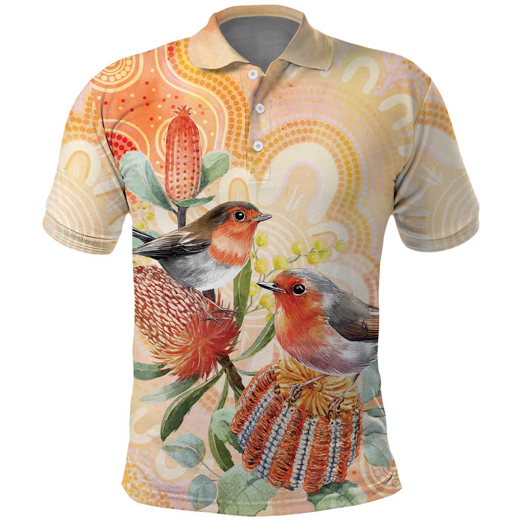 Australia Flame Robin Polo Shirt Petroica Phoenicea Banksia Indigenous Art - Aussie Hoodie