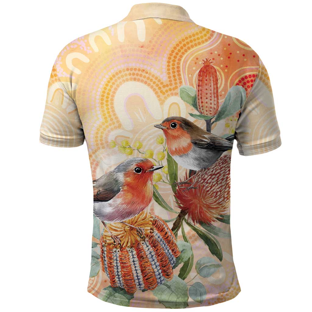Australia Flame Robin Polo Shirt Petroica Phoenicea Banksia Indigenous Art - Aussie Hoodie