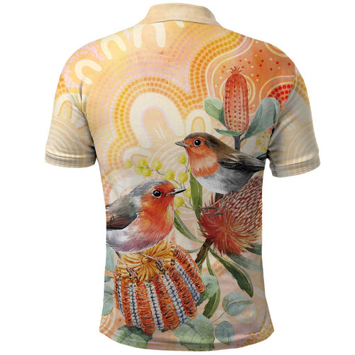 Australia Flame Robin Polo Shirt Petroica Phoenicea Banksia Indigenous Art - Aussie Hoodie