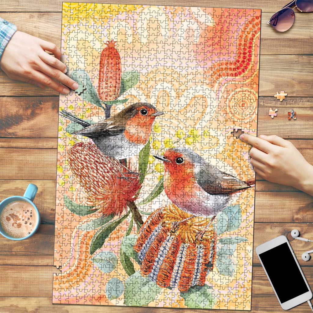 Australia Flame Robin Puzzle Petroica Phoenicea Banksia Indigenous Art - Aussie Hoodie