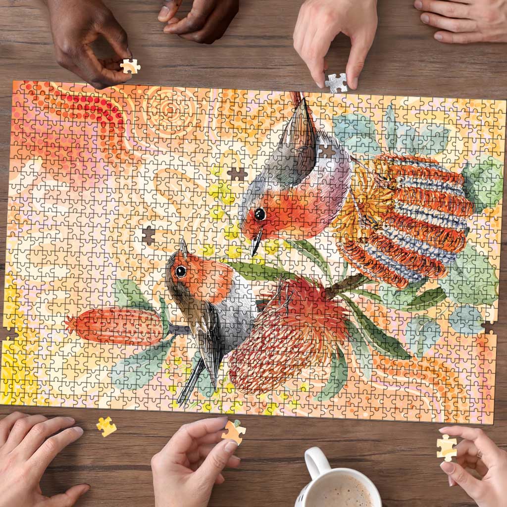 Australia Flame Robin Puzzle Petroica Phoenicea Banksia Indigenous Art - Aussie Hoodie