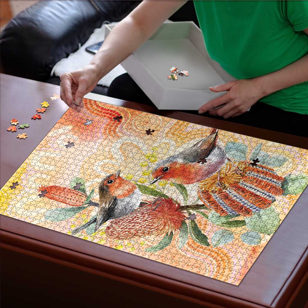 Australia Flame Robin Puzzle Petroica Phoenicea Banksia Indigenous Art - Aussie Hoodie