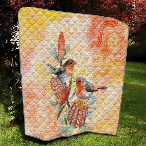 Australia Flame Robin Quilt Petroica Phoenicea Banksia Indigenous Art - Aussie Hoodie