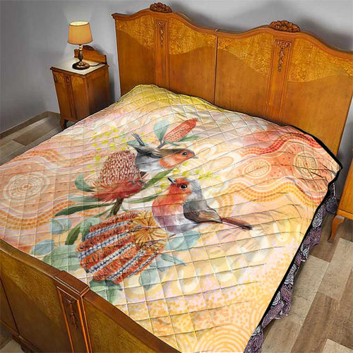 Australia Flame Robin Quilt Petroica Phoenicea Banksia Indigenous Art - Aussie Hoodie