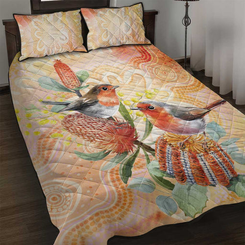 Australia Flame Robin Quilt Bed Set Petroica Phoenicea Banksia Indigenous Art - Aussie Hoodie