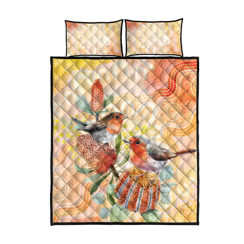 Australia Flame Robin Quilt Bed Set Petroica Phoenicea Banksia Indigenous Art - Aussie Hoodie