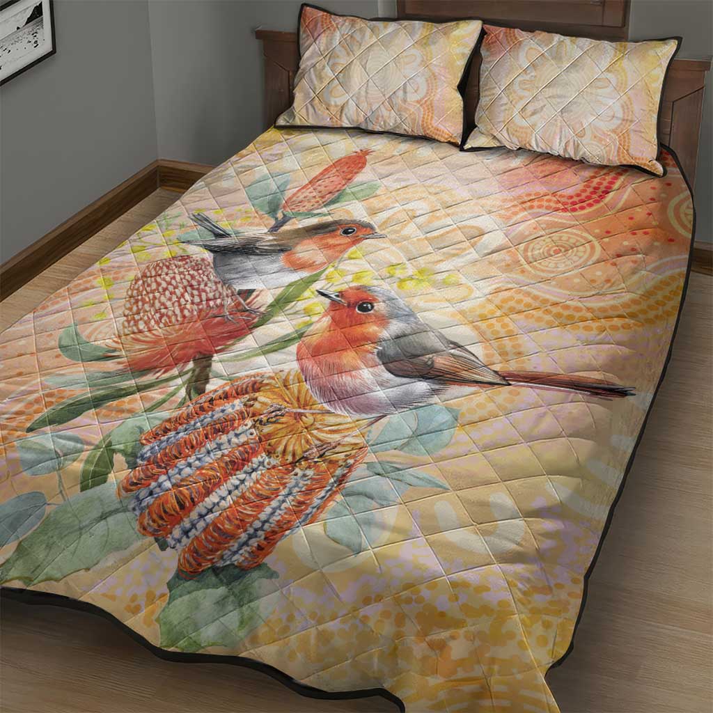 Australia Flame Robin Quilt Bed Set Petroica Phoenicea Banksia Indigenous Art - Aussie Hoodie
