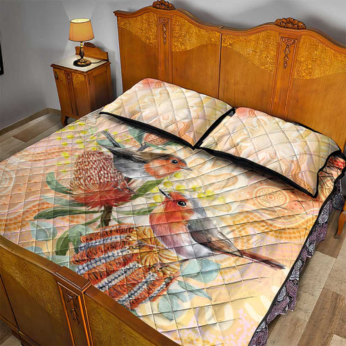 Australia Flame Robin Quilt Bed Set Petroica Phoenicea Banksia Indigenous Art - Aussie Hoodie