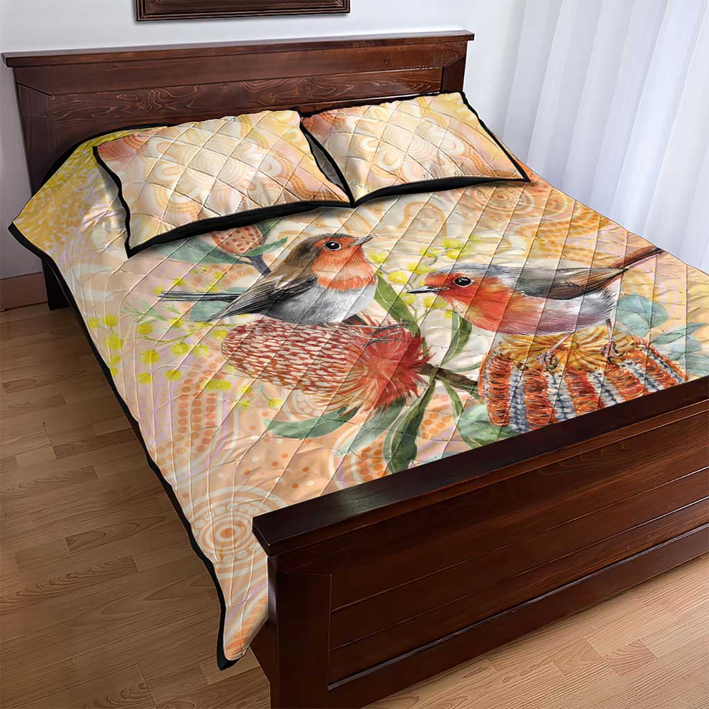Australia Flame Robin Quilt Bed Set Petroica Phoenicea Banksia Indigenous Art - Aussie Hoodie