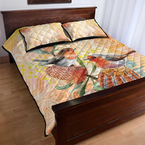 Australia Flame Robin Quilt Bed Set Petroica Phoenicea Banksia Indigenous Art - Aussie Hoodie