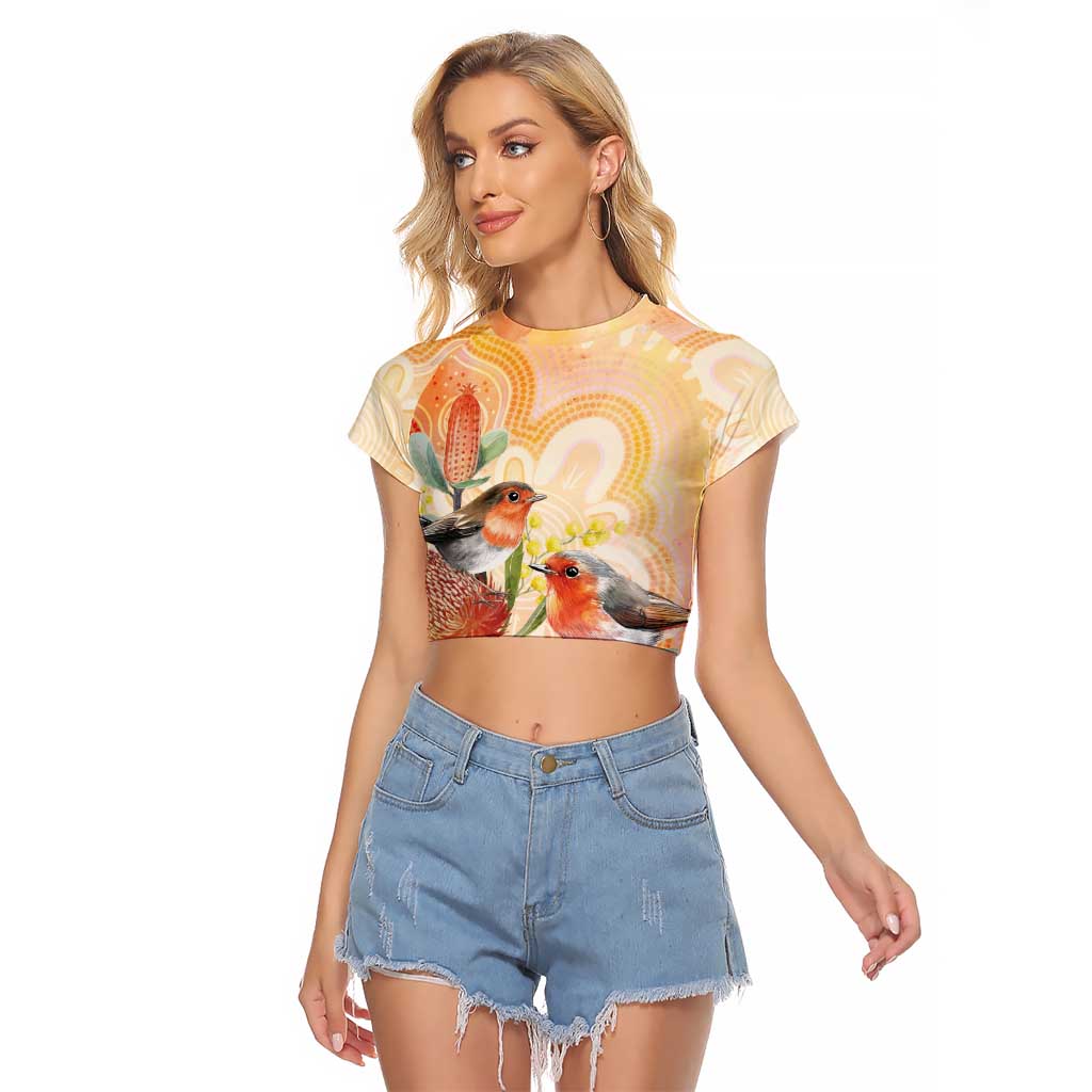 Australia Flame Robin Raglan Cropped T Shirt Petroica Phoenicea Banksia Indigenous Art - Aussie Hoodie
