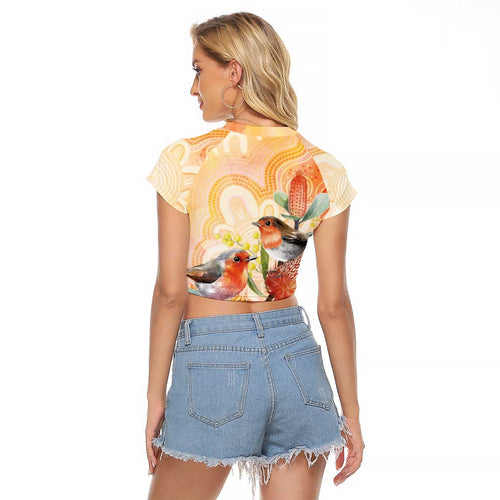 Australia Flame Robin Raglan Cropped T Shirt Petroica Phoenicea Banksia Indigenous Art - Aussie Hoodie