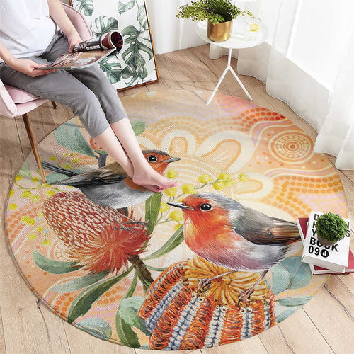 Australia Flame Robin Round Carpet Petroica Phoenicea Banksia Indigenous Art - Aussie Hoodie
