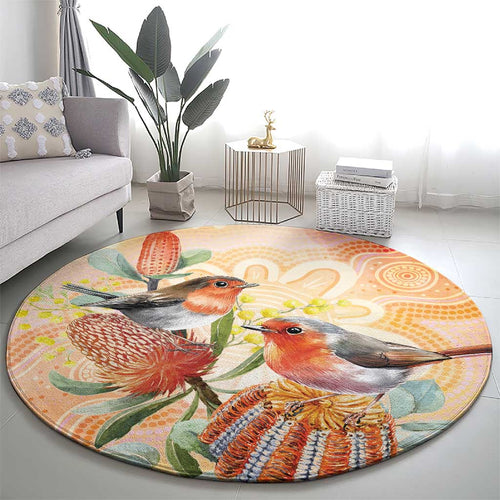 Australia Flame Robin Round Carpet Petroica Phoenicea Banksia Indigenous Art - Aussie Hoodie