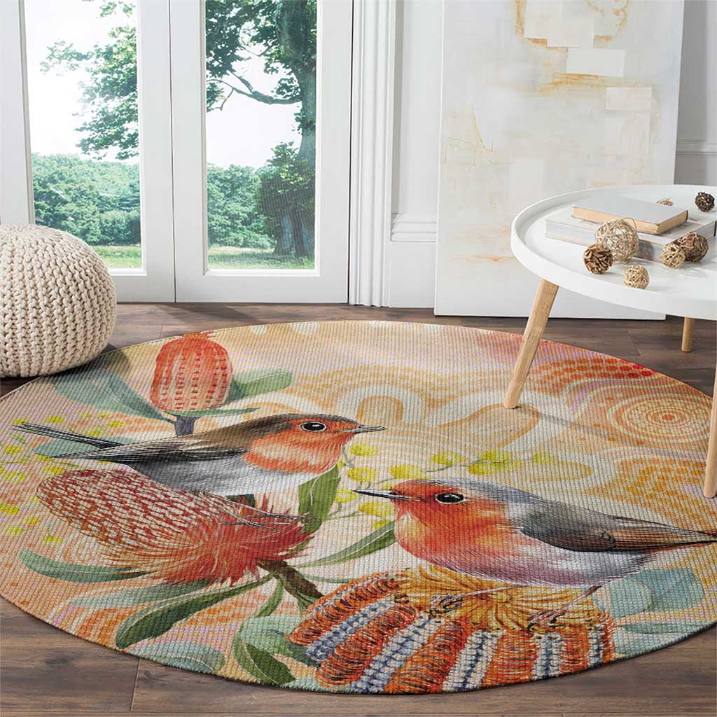 Australia Flame Robin Round Carpet Petroica Phoenicea Banksia Indigenous Art - Aussie Hoodie