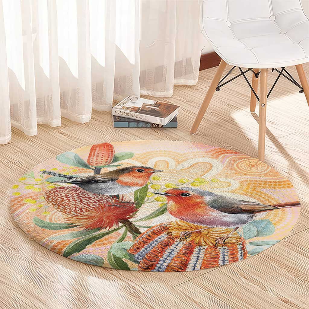Australia Flame Robin Round Carpet Petroica Phoenicea Banksia Indigenous Art - Aussie Hoodie