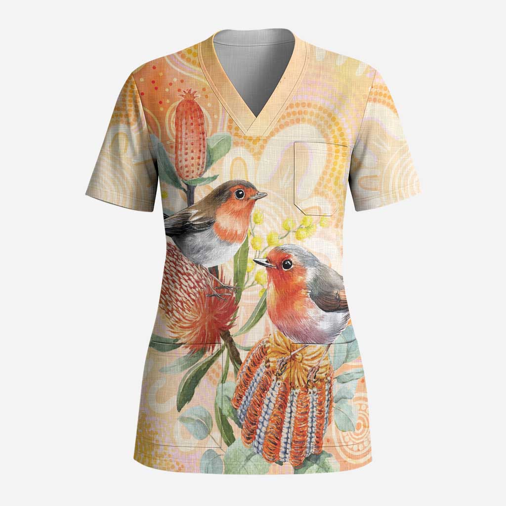 Australia Flame Robin Scrub Top Petroica Phoenicea Banksia Indigenous Art - Aussie Hoodie