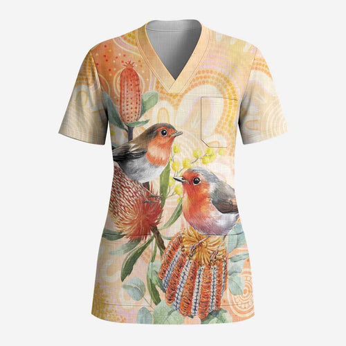 Australia Flame Robin Scrub Top Petroica Phoenicea Banksia Indigenous Art - Aussie Hoodie