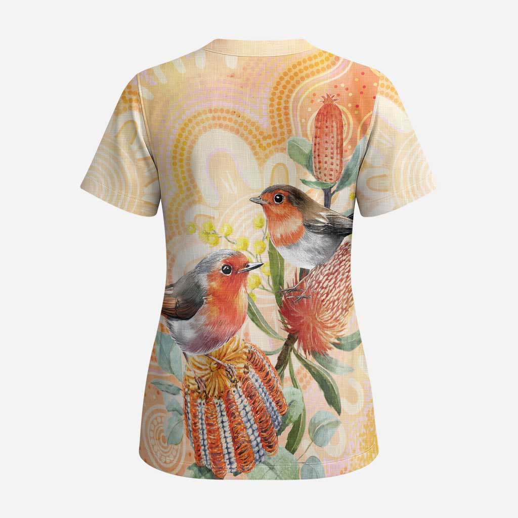 Australia Flame Robin Scrub Top Petroica Phoenicea Banksia Indigenous Art - Aussie Hoodie