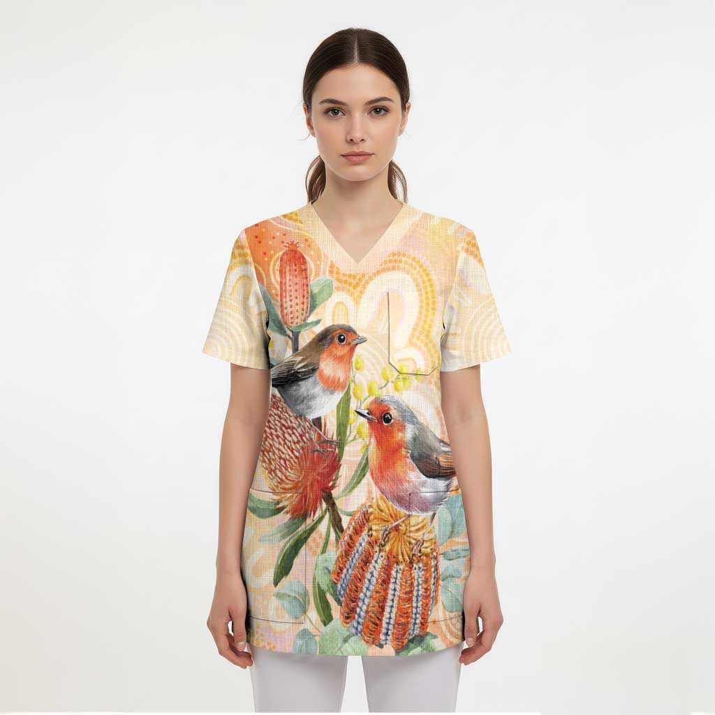 Australia Flame Robin Scrub Top Petroica Phoenicea Banksia Indigenous Art - Aussie Hoodie