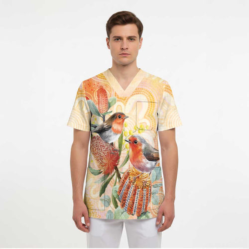 Australia Flame Robin Scrub Top Petroica Phoenicea Banksia Indigenous Art - Aussie Hoodie