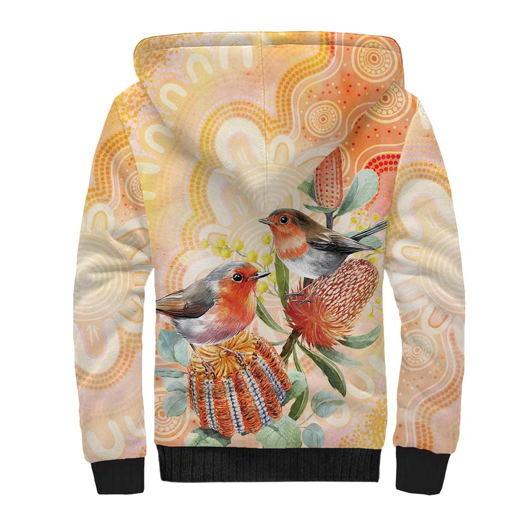 Australia Flame Robin Sherpa Hoodie Petroica Phoenicea Banksia Indigenous Art - Aussie Hoodie