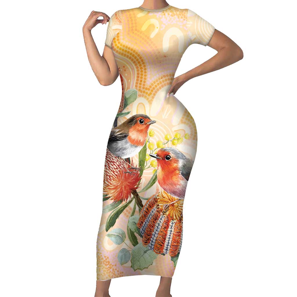 Australia Flame Robin Short Sleeve Bodycon Dress Petroica Phoenicea Banksia Indigenous Art - Aussie Hoodie