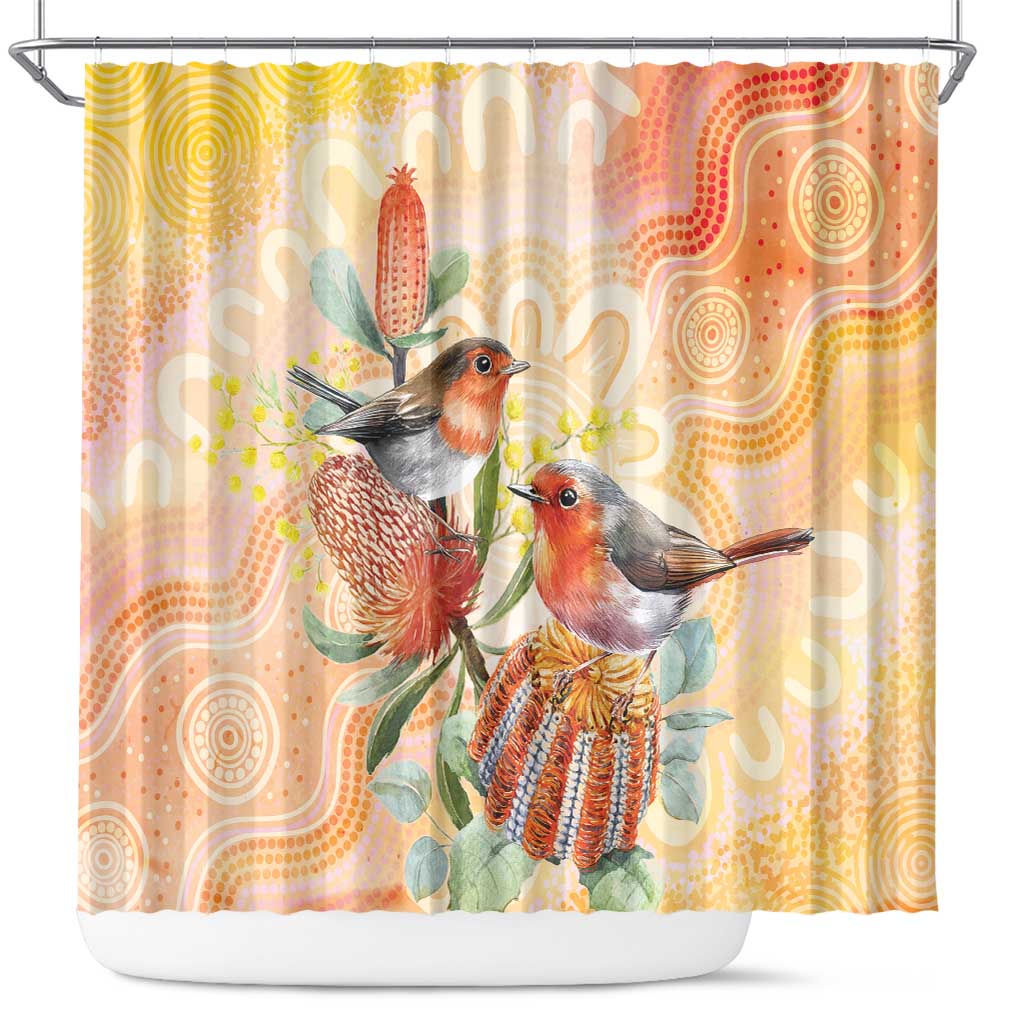 Australia Flame Robin Shower Curtain Petroica Phoenicea Banksia Indigenous Art - Aussie Hoodie