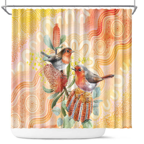 Australia Flame Robin Shower Curtain Petroica Phoenicea Banksia Indigenous Art - Aussie Hoodie