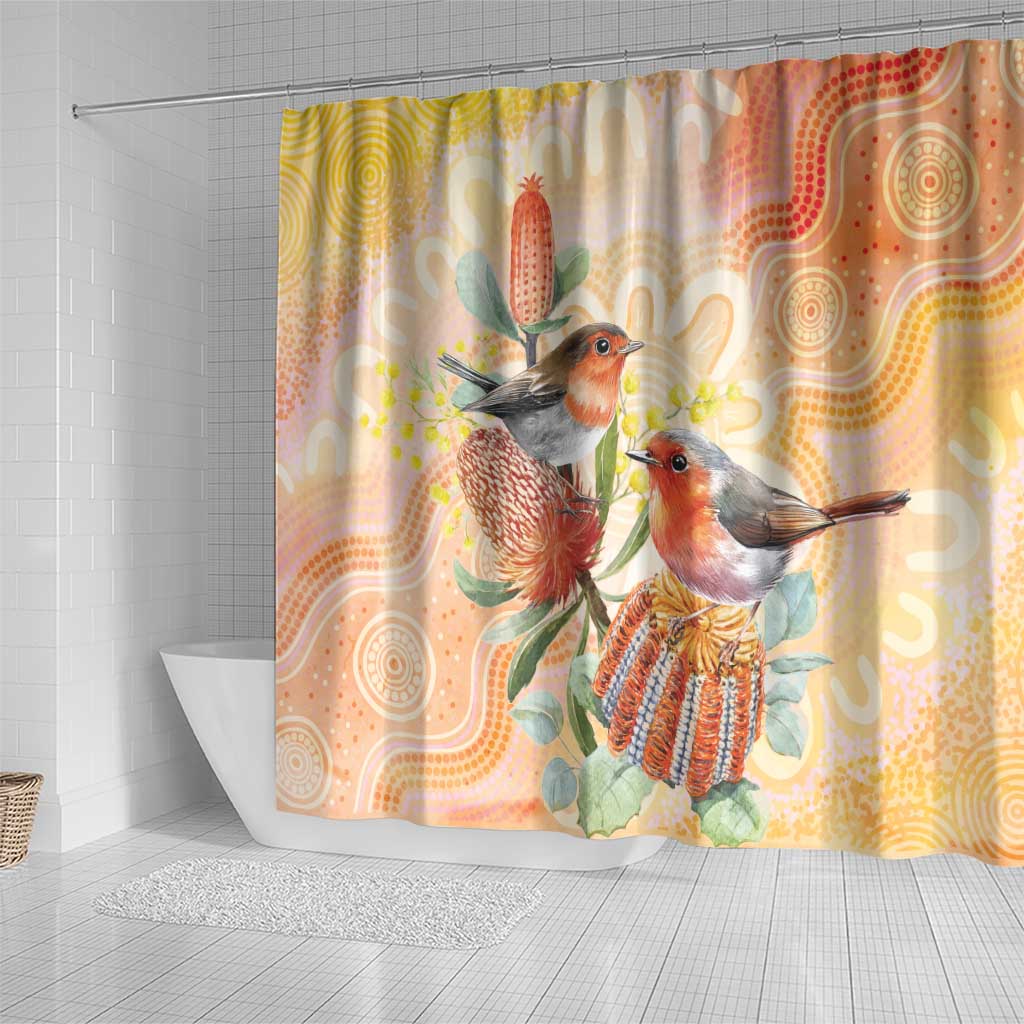Australia Flame Robin Shower Curtain Petroica Phoenicea Banksia Indigenous Art - Aussie Hoodie