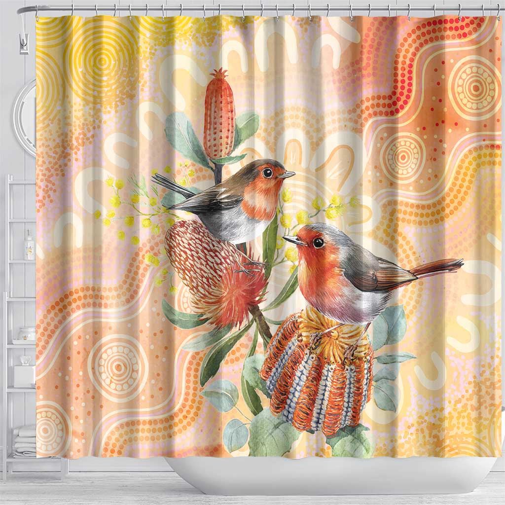 Australia Flame Robin Shower Curtain Petroica Phoenicea Banksia Indigenous Art - Aussie Hoodie