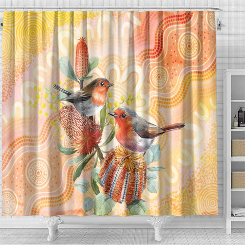Australia Flame Robin Shower Curtain Petroica Phoenicea Banksia Indigenous Art - Aussie Hoodie