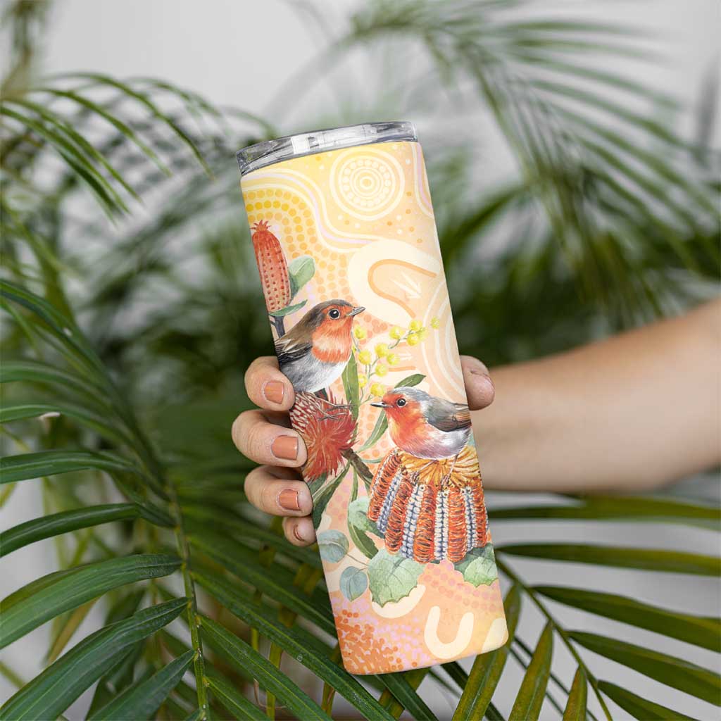 Australia Flame Robin Skinny Tumbler Petroica Phoenicea Banksia Indigenous Art - Aussie Hoodie
