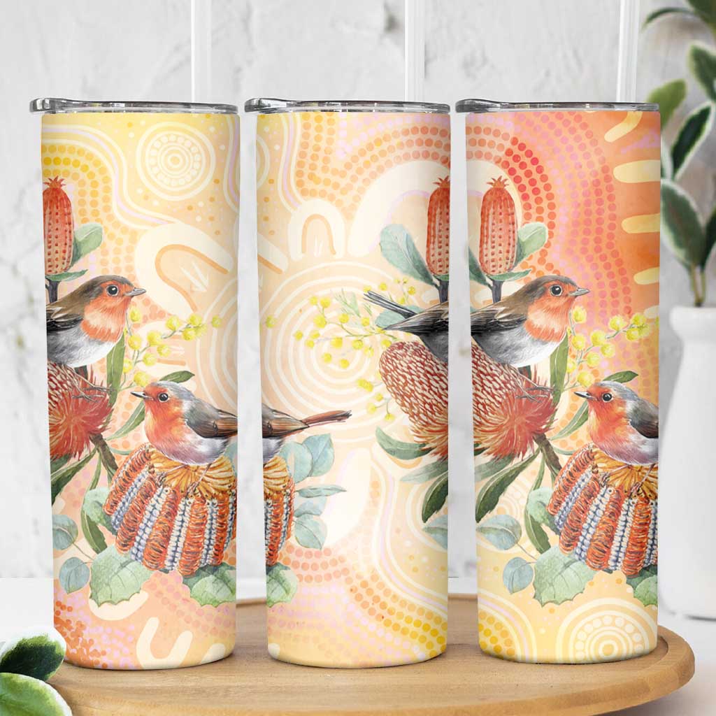 Australia Flame Robin Skinny Tumbler Petroica Phoenicea Banksia Indigenous Art - Aussie Hoodie