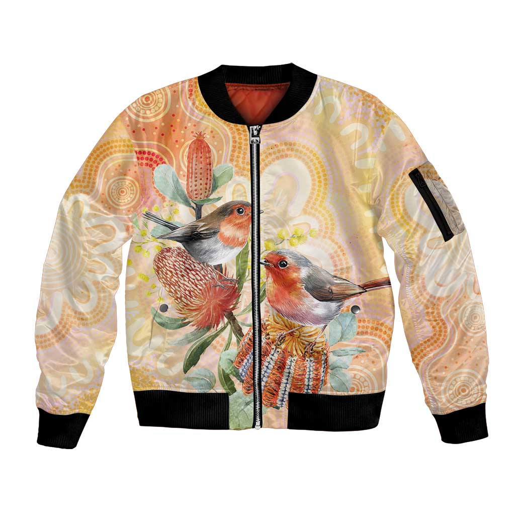 Australia Flame Robin Sleeve Zip Bomber Jacket Petroica Phoenicea Banksia Indigenous Art - Aussie Hoodie