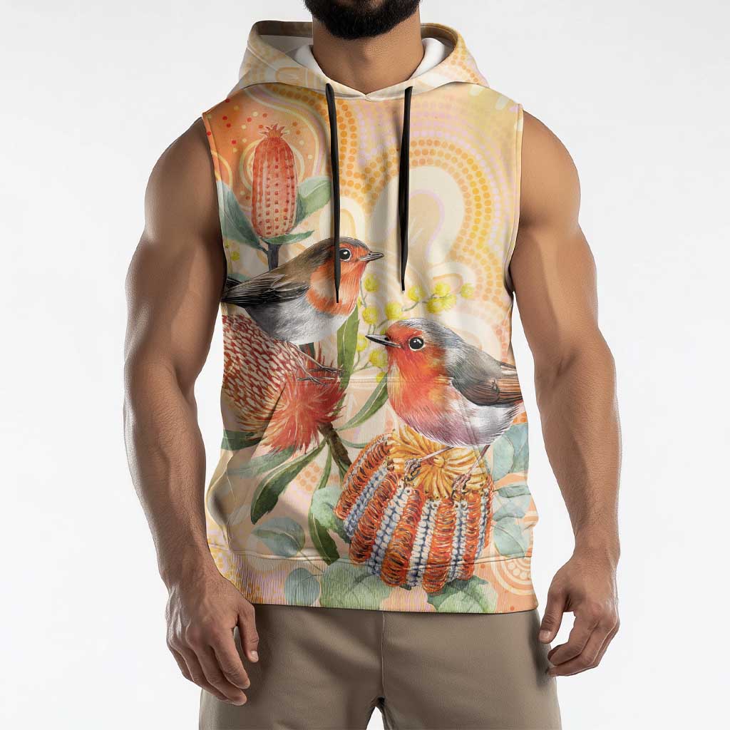 Australia Flame Robin Sleeveless Hoodie Petroica Phoenicea Banksia Indigenous Art - Aussie Hoodie