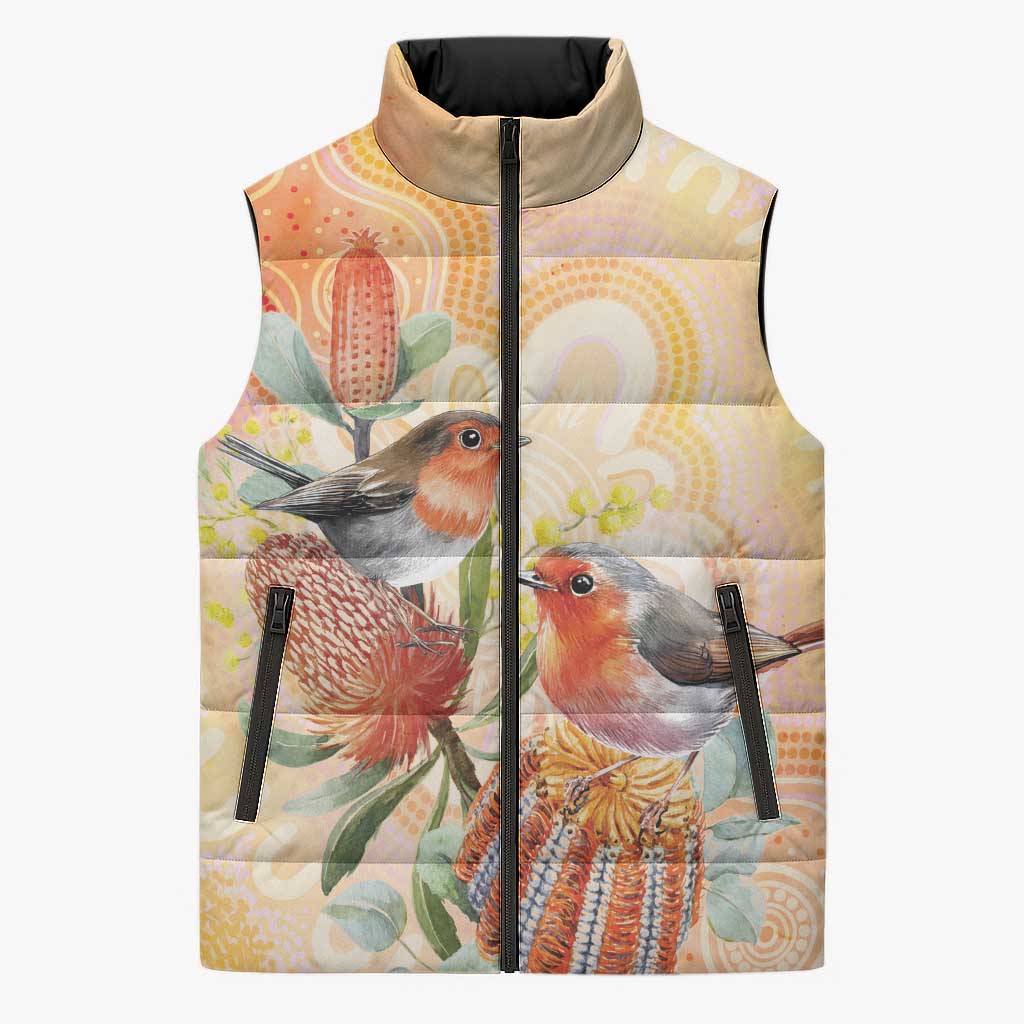Australia Flame Robin Sleeveless Puffer Jacket Petroica Phoenicea Banksia Indigenous Art - Aussie Hoodie