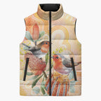 Australia Flame Robin Sleeveless Puffer Jacket Petroica Phoenicea Banksia Indigenous Art - Aussie Hoodie