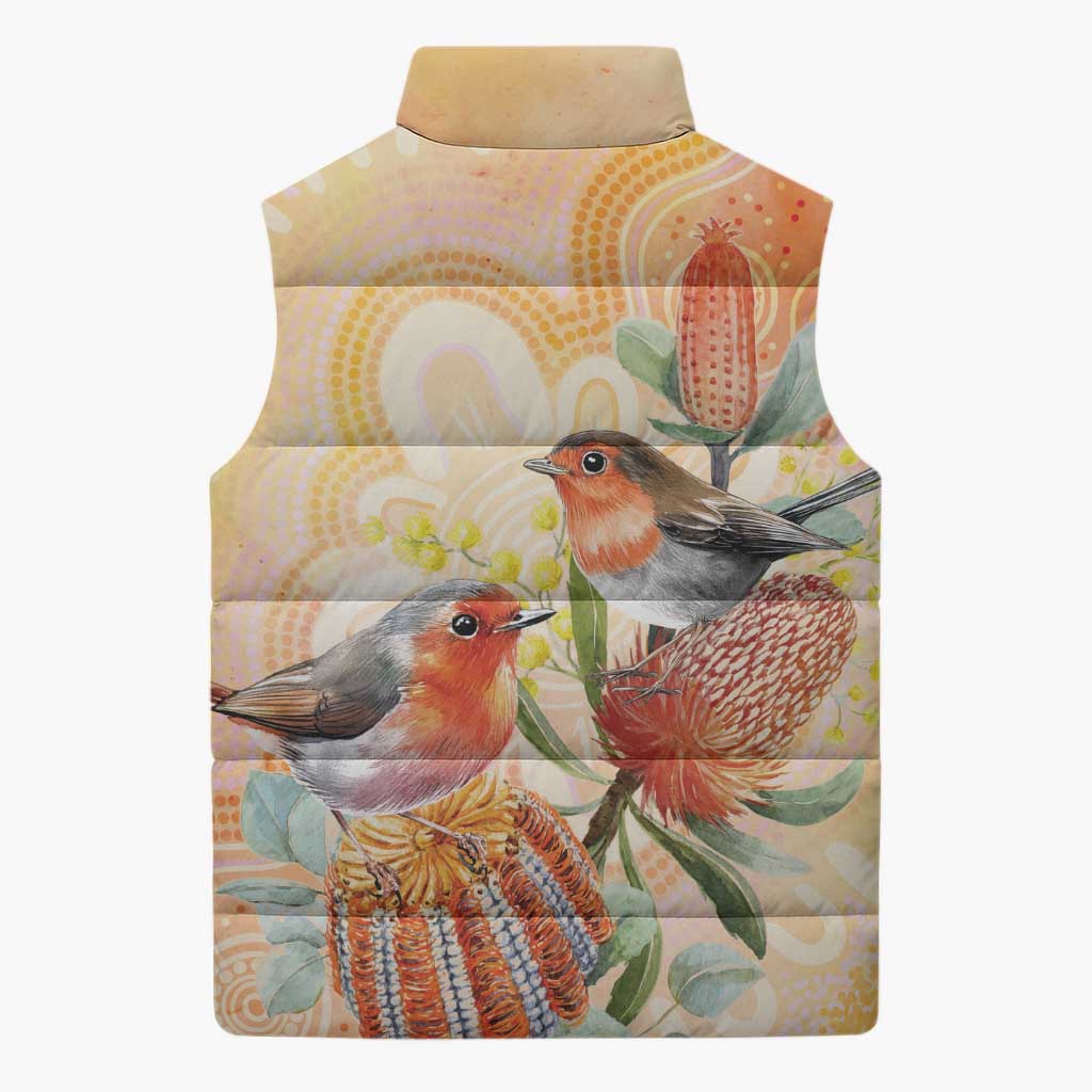 Australia Flame Robin Sleeveless Puffer Jacket Petroica Phoenicea Banksia Indigenous Art - Aussie Hoodie