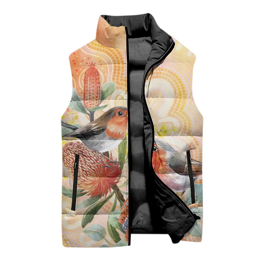 Australia Flame Robin Sleeveless Puffer Jacket Petroica Phoenicea Banksia Indigenous Art - Aussie Hoodie