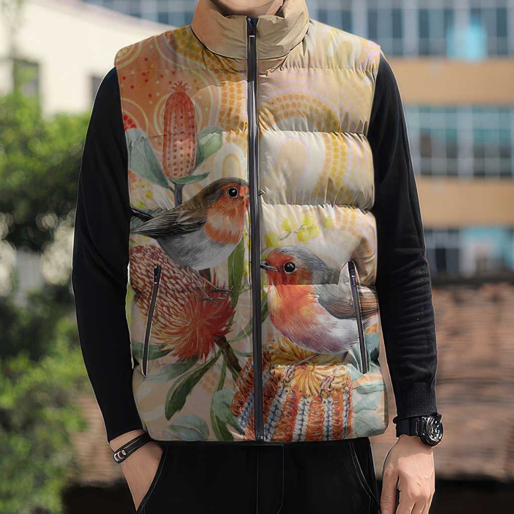 Australia Flame Robin Sleeveless Puffer Jacket Petroica Phoenicea Banksia Indigenous Art - Aussie Hoodie