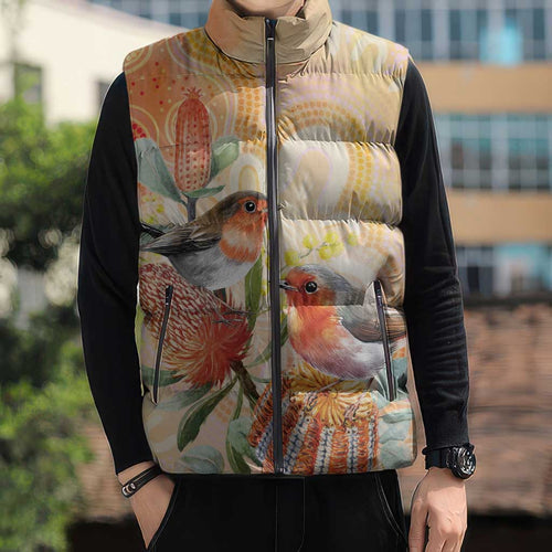 Australia Flame Robin Sleeveless Puffer Jacket Petroica Phoenicea Banksia Indigenous Art - Aussie Hoodie