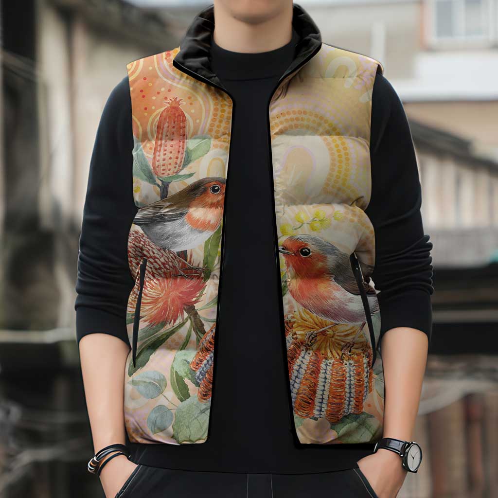 Australia Flame Robin Sleeveless Puffer Jacket Petroica Phoenicea Banksia Indigenous Art - Aussie Hoodie